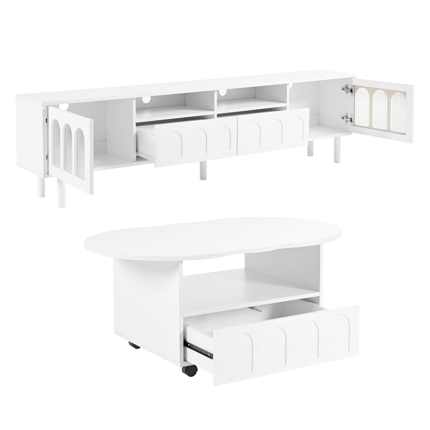 Two sets of ON-TRANS cream style TV stands and coffee tables, suitable for TVs under 80 inches, white - Korvel