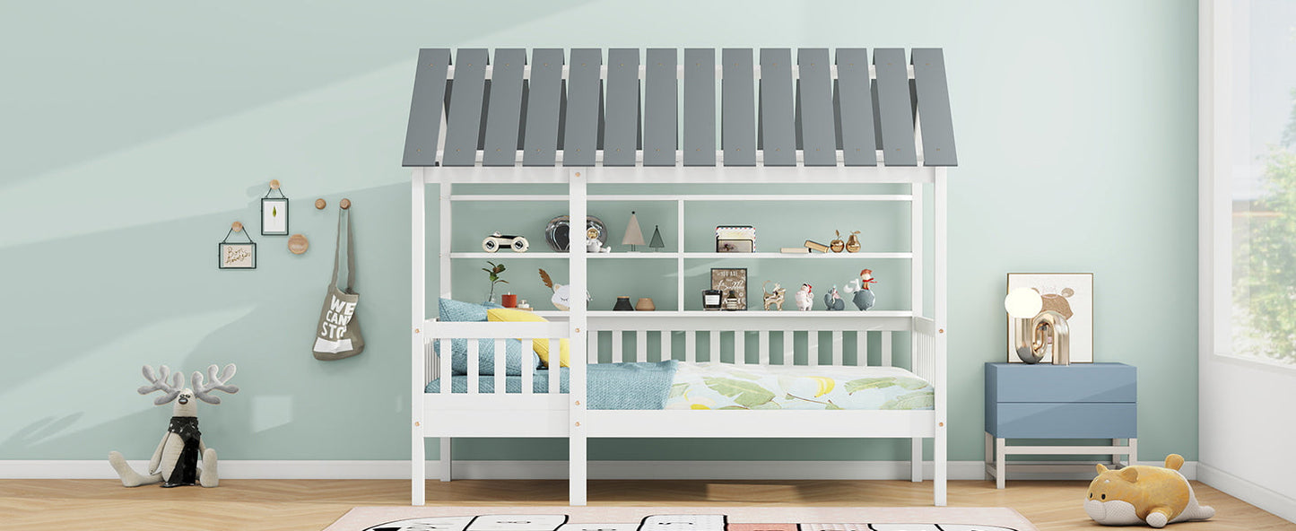 Wood Twin Size House Bed with Roof, Guardrail and Shelves, White - Korvel