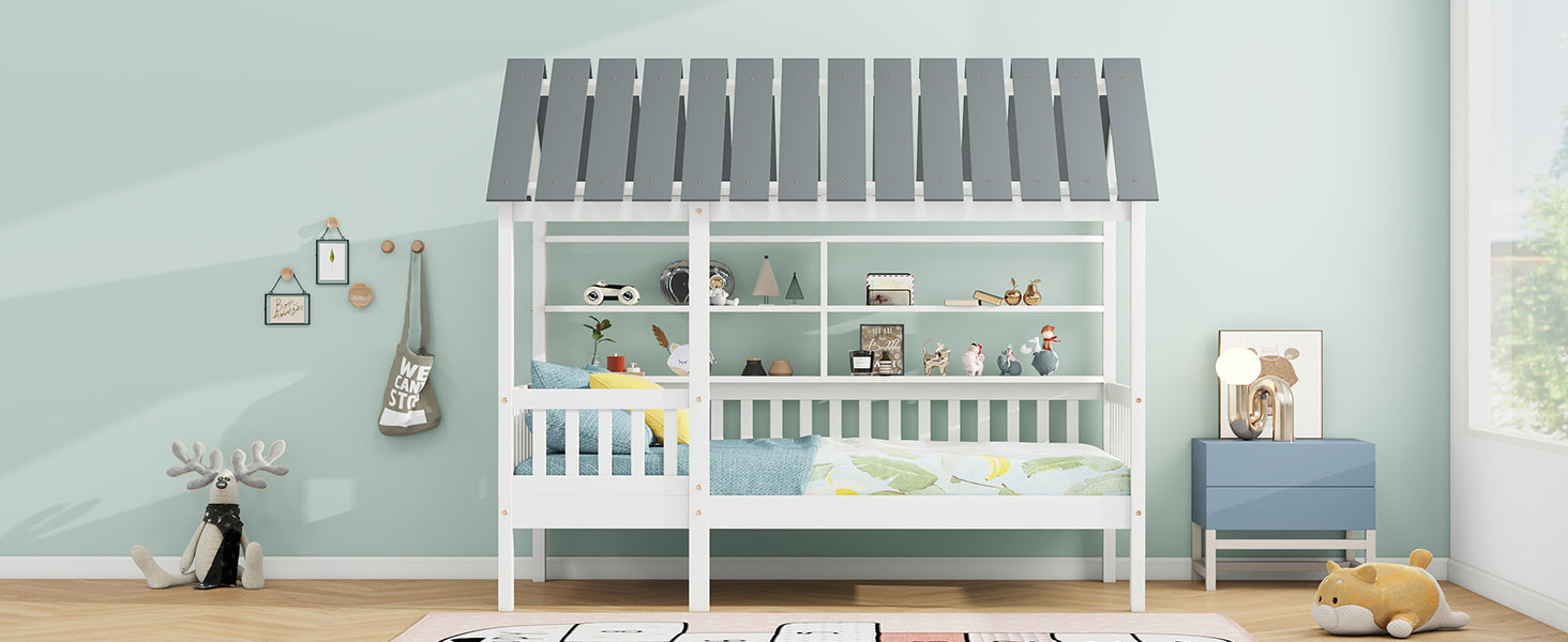 Wood Twin Size House Bed with Roof, Guardrail and Shelves, White - Korvel