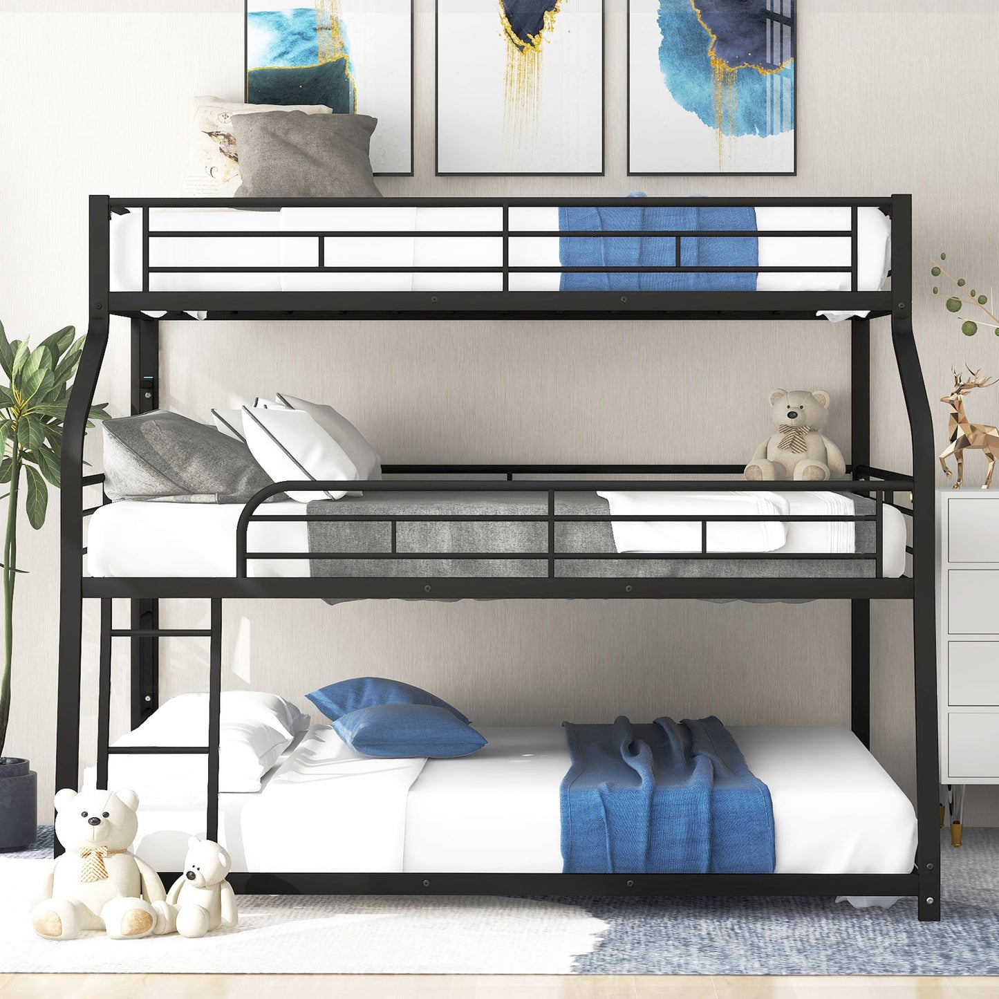 Twin XL/Full XL/Queen Triple Bunk Bed with Long and Short Ladder and Full-Length Guardrails Black - Korvel
