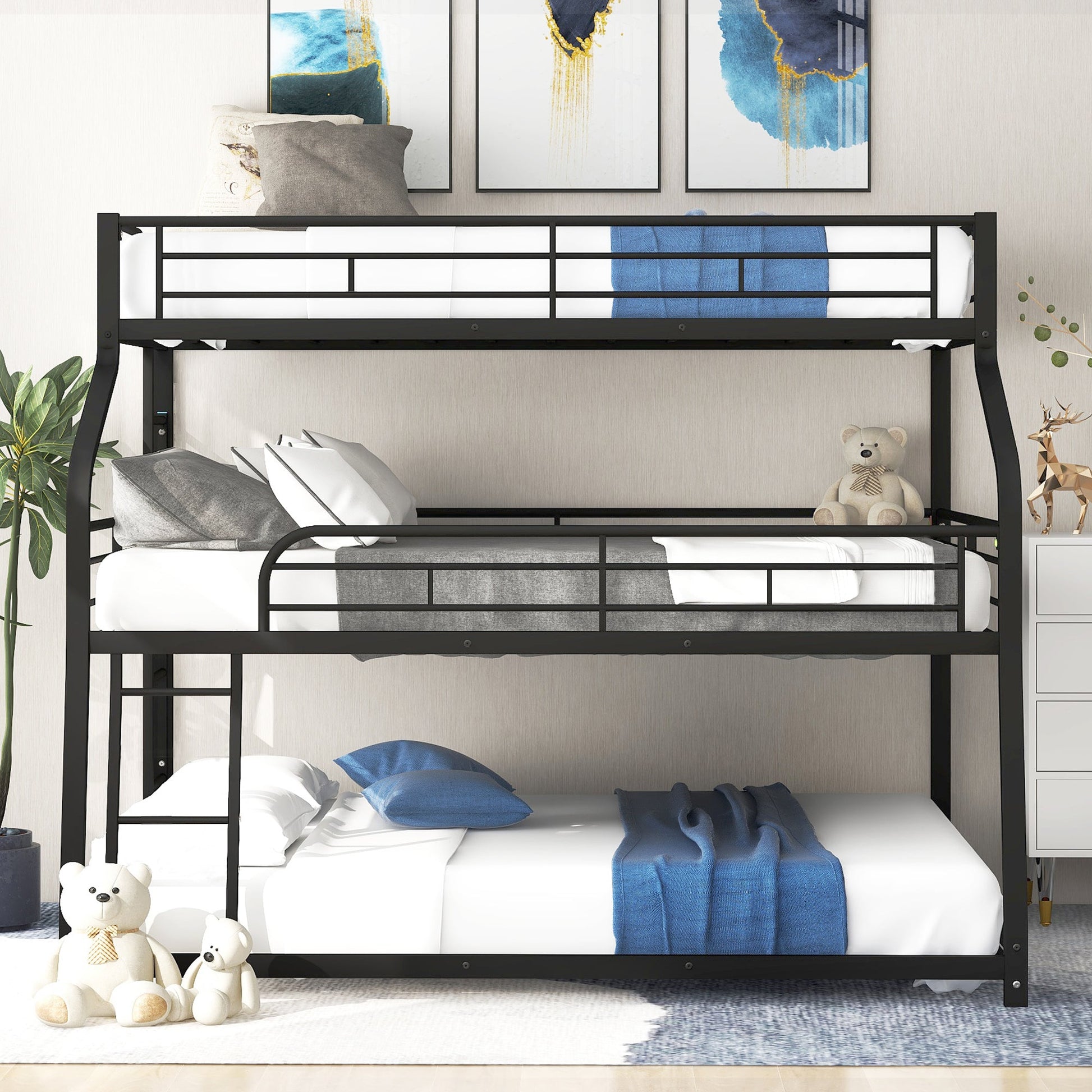 Twin XL/Full XL/Queen Triple Bunk Bed with Long and Short Ladder and Full-Length Guardrails Black - Korvel