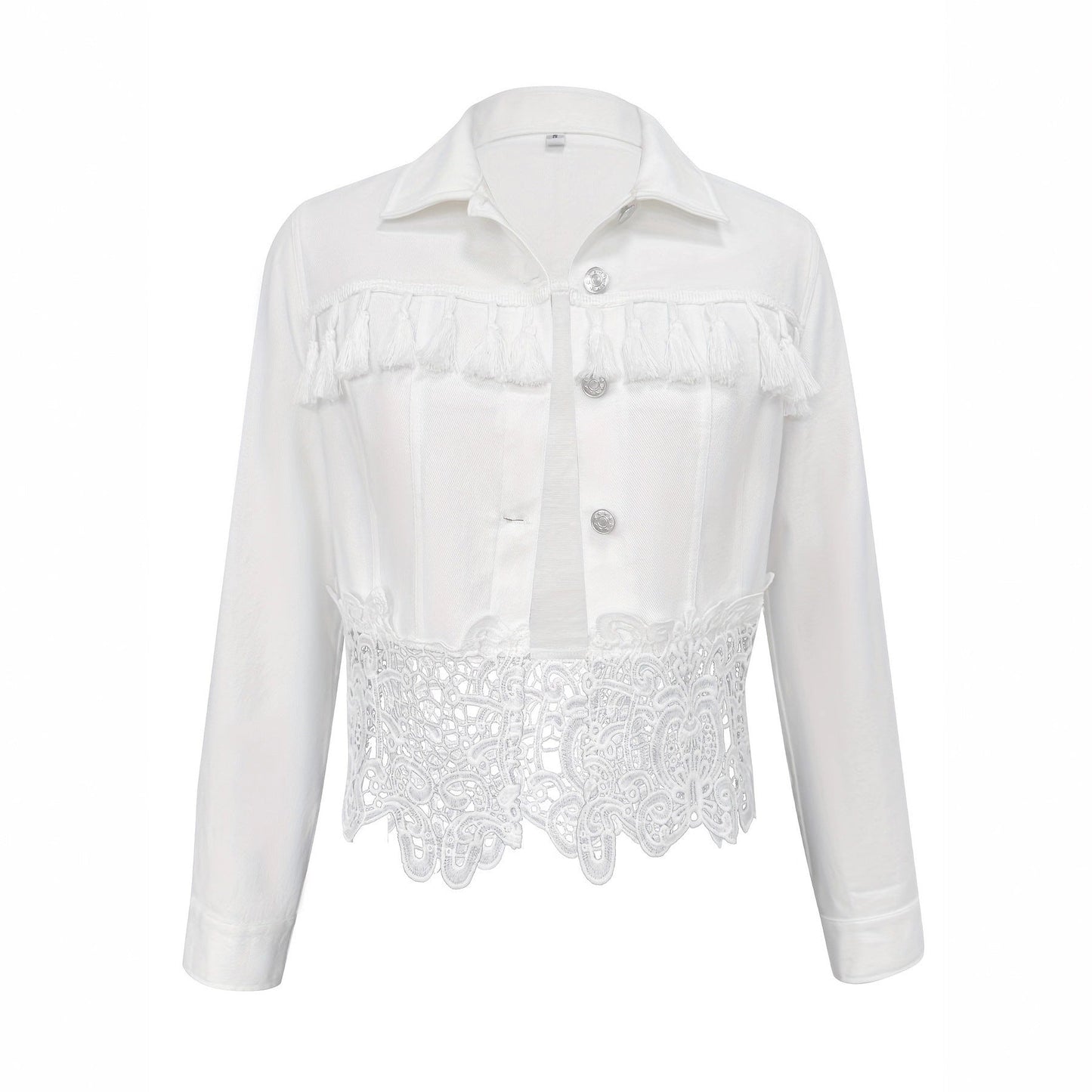 Abrigo de mujer con cuello, dobladillo, diseño de calado y flecos