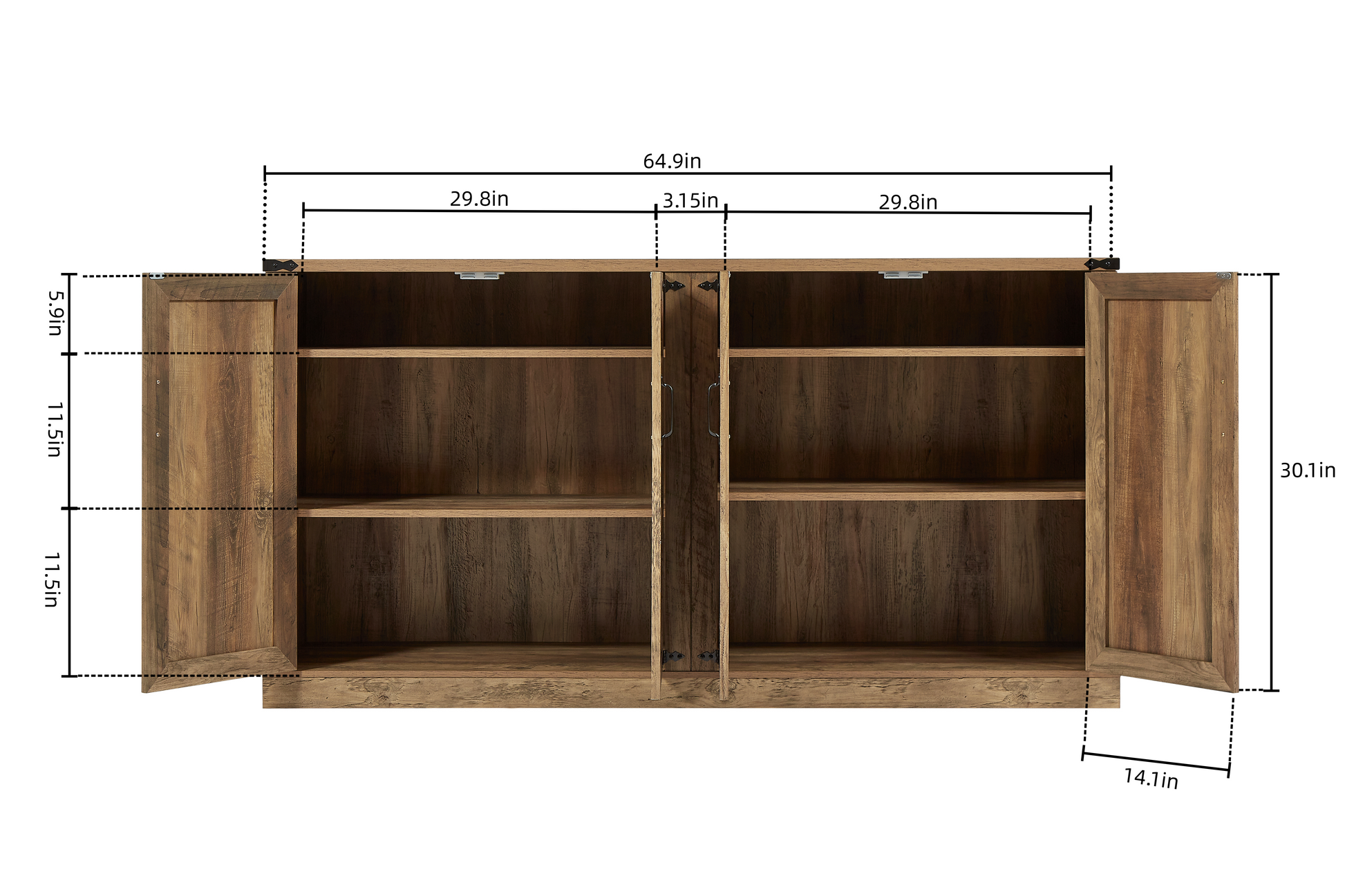 65-Inch Rustic Oak Color Faux Rattan Sideboard, Barn Door Rustic Style Sideboard, Living Room, Entryway, Bedroom - Korvel