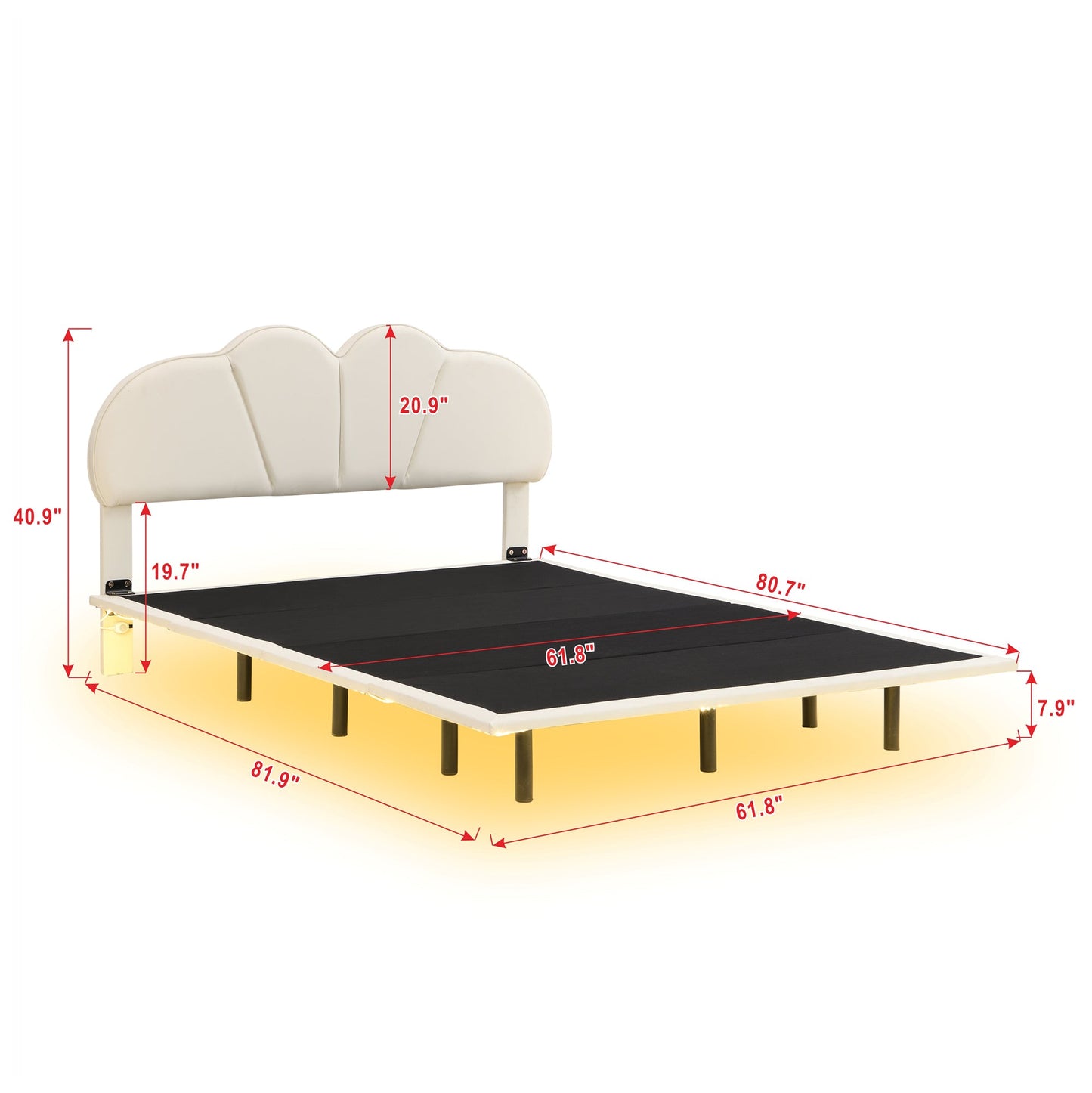 Queen Size Upholstery LED Floating Bed with PU Leather Headboard and Support Legs,Beige - Korvel