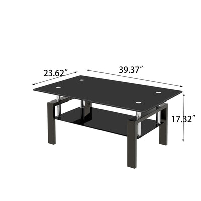 Black Tempered Glass Coffee Table, 2 Layer Storage Tea Table - Korvel