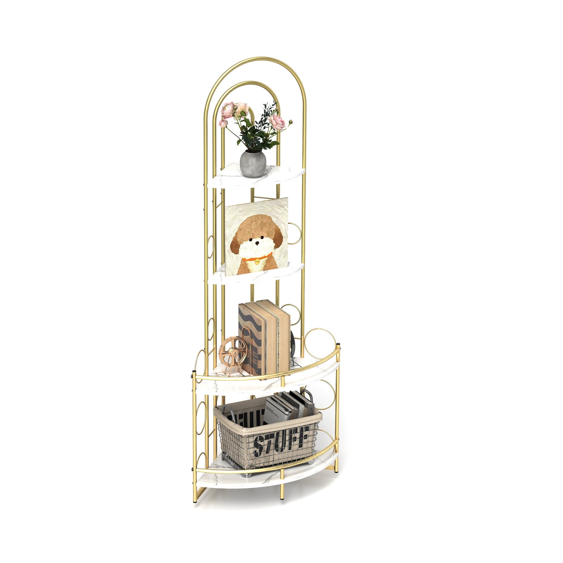 Gold 4-Tier Corner Bookshelf, Modern Style, Plant Stand with Metal Frame - Korvel
