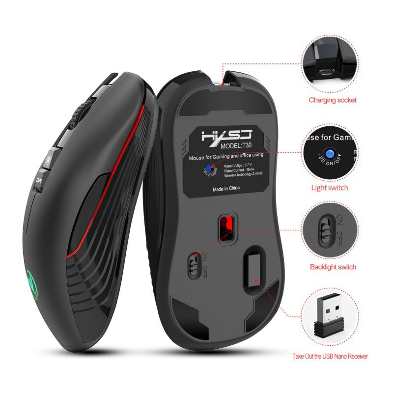 New Rechargeable Wireless Mouse 3600dpi Adjustable Colorful Luminous Gaming Mouse 7D Can Turn Off Lights - Korvel