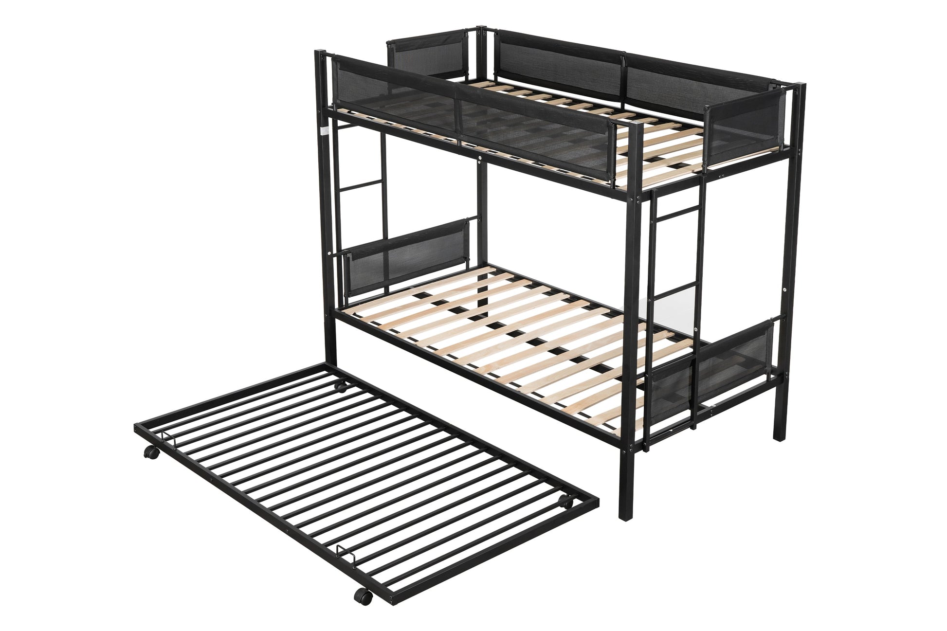 Metal double bed with casters/sturdy frame/no noise/comfortable guardrail/2 side ladders/no need for spring box - Korvel