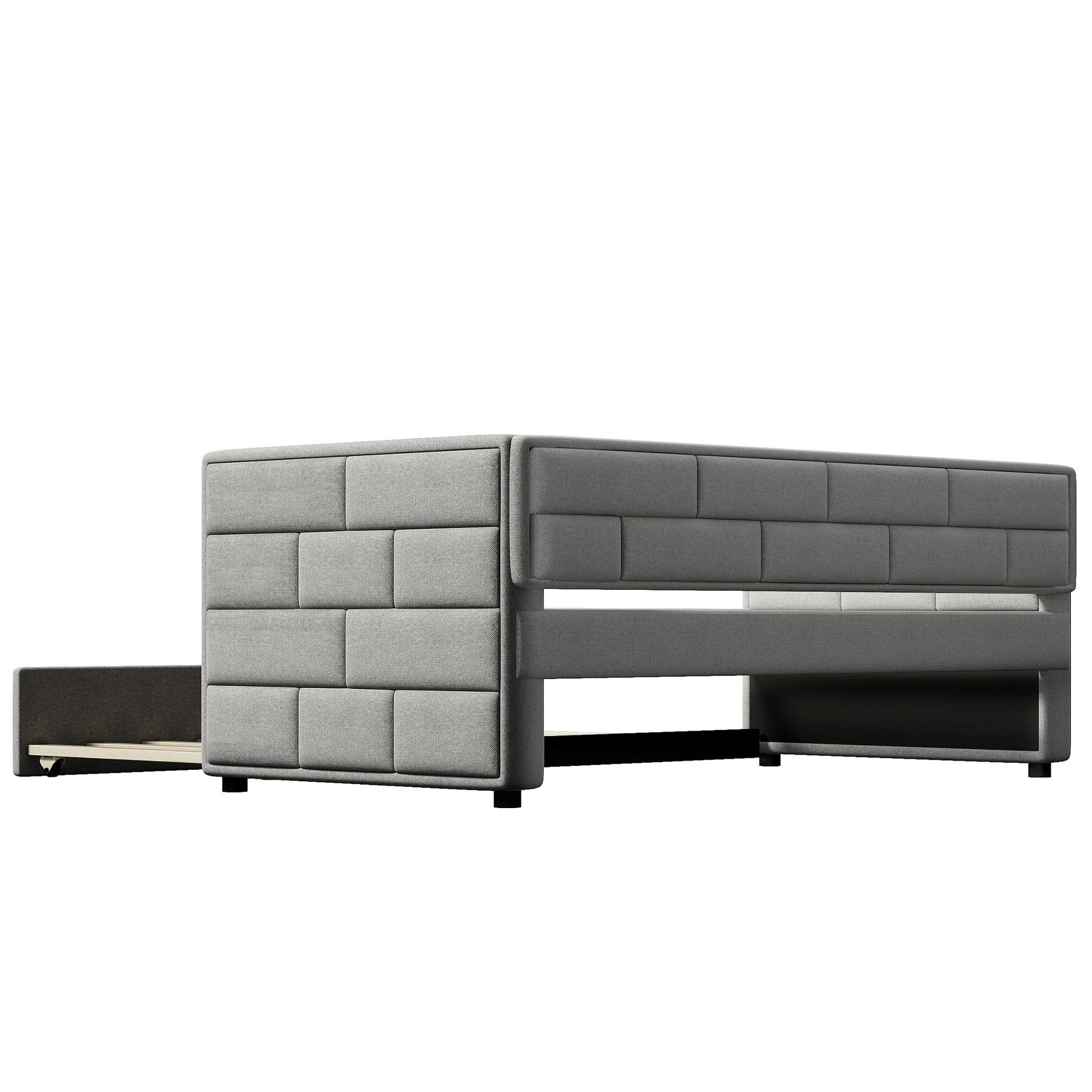 Twin Size Daybed with Trundle  Upholstered Daybed with Padded Back  Gray - Korvel