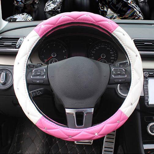 Leather Steering Wheel Covers Crystal Studded Rhinestone Car Steering-Wheel Cover Cases Pink Car Interior Accessories For Girls - Korvel