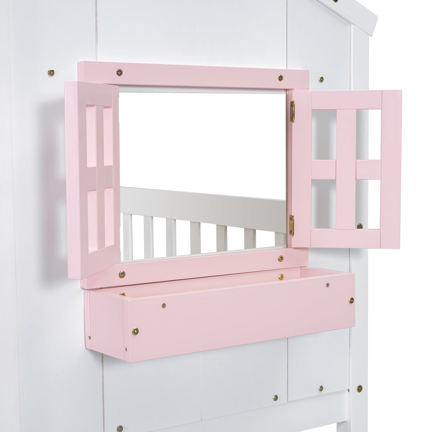 Twin over Twin House Bunk Bed with Roof , Window, Window Box, Door , with Safety Guardrails and Ladder, Pink/White - Korvel