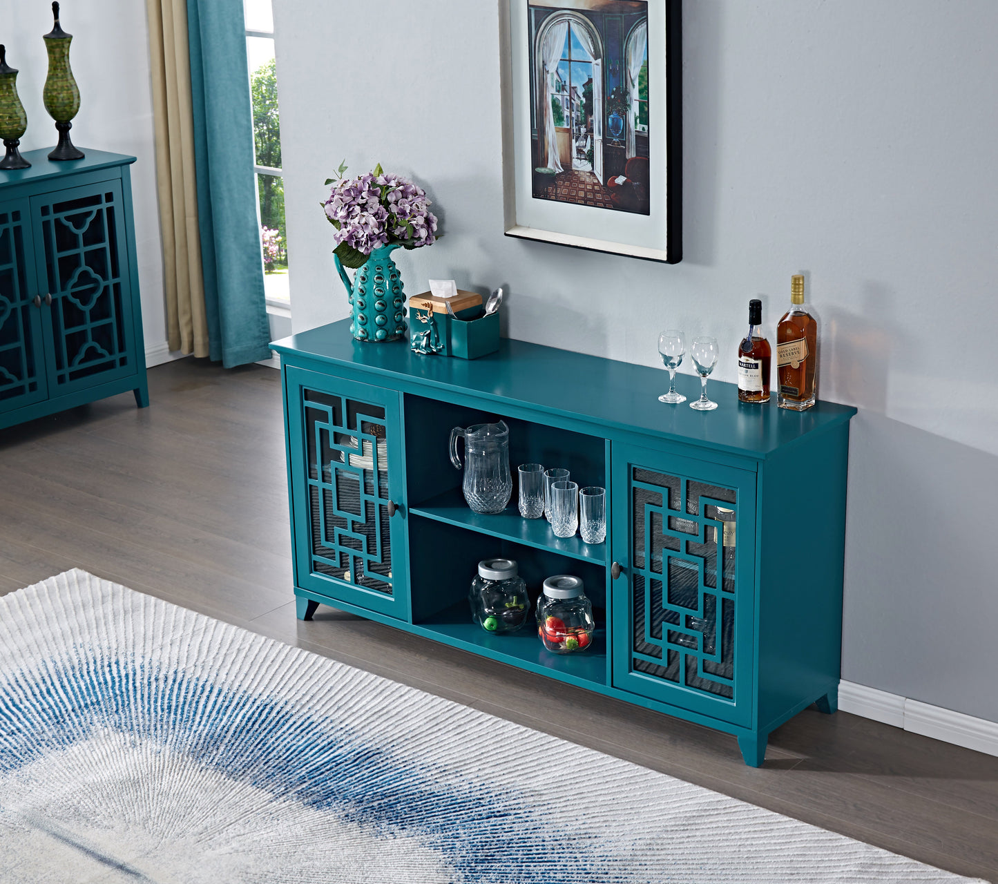 60" Teal Blue Sideboard Buffet Table & Storage Cabinet