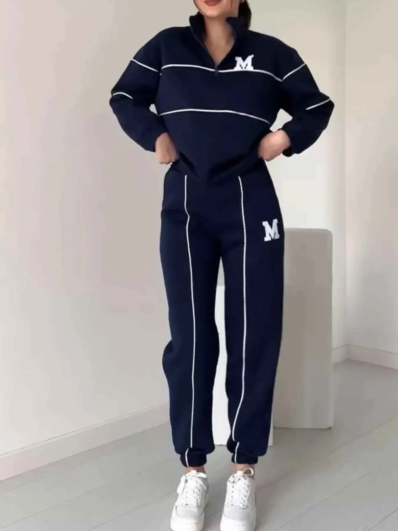 Plus Size Striped Quarter Zip Top and Pants Set