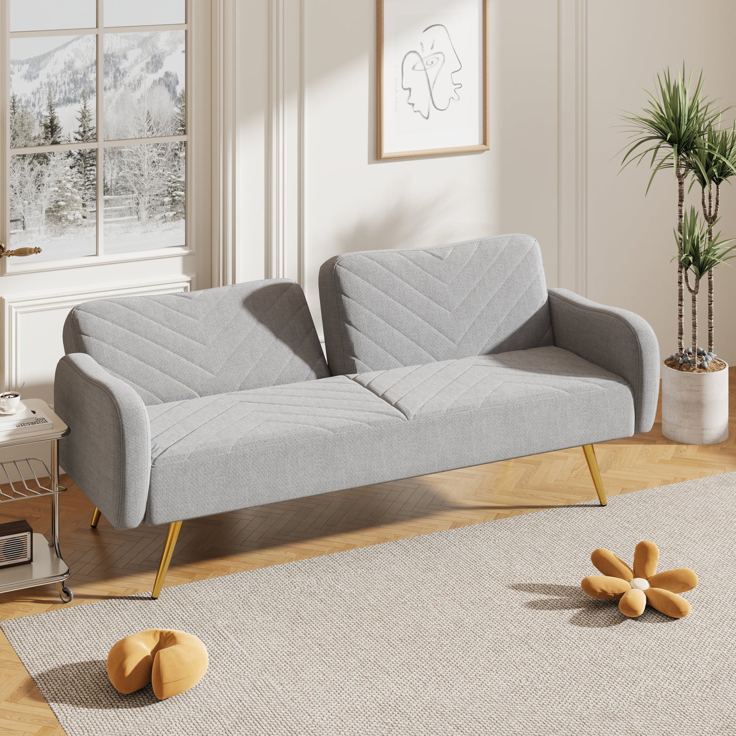 70.47" Gray Fabric Double Sofa with Split Backrest and Two Throw Pillows - Korvel