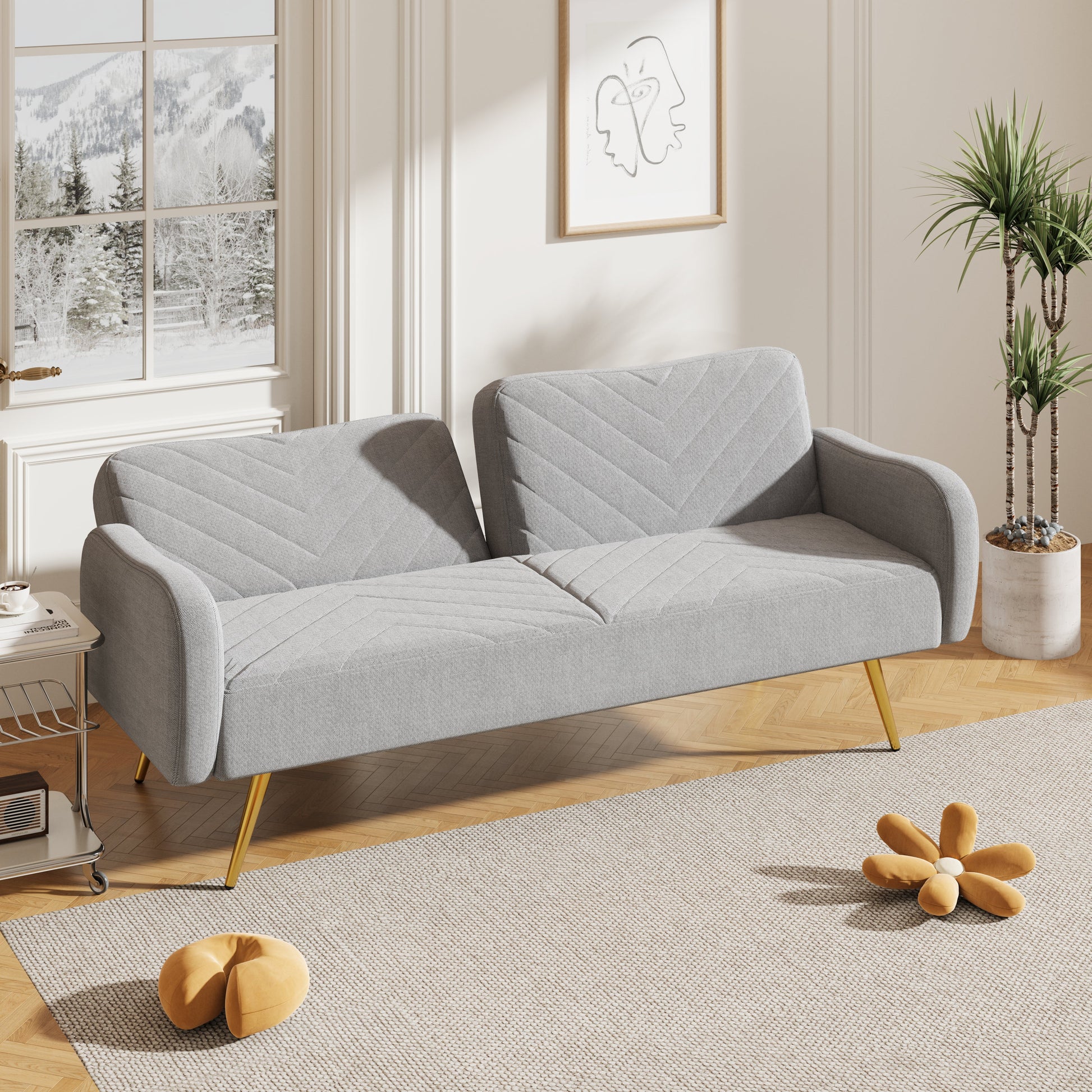 70.47" Gray Fabric Double Sofa with Split Backrest and Two Throw Pillows - Korvel