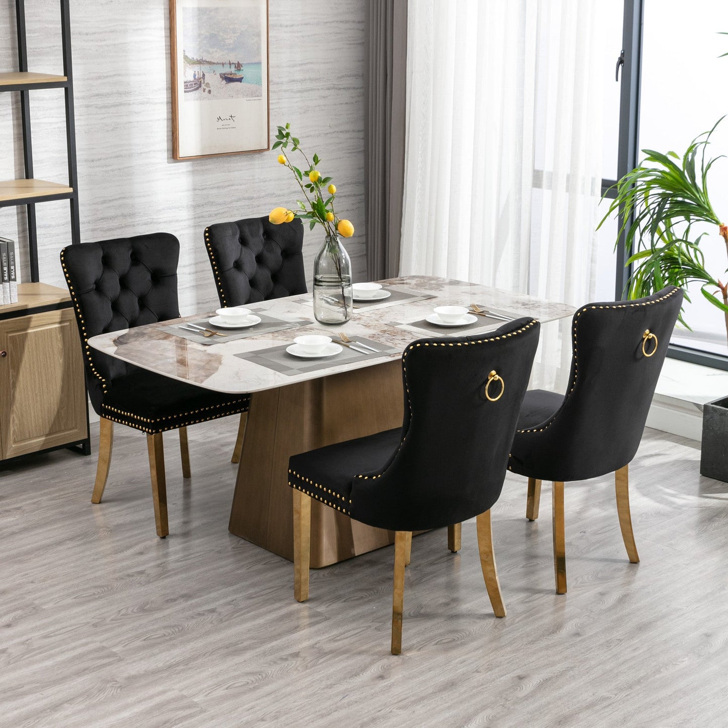 Elegant Black Velvet Dining Chair Set with Gold Accents