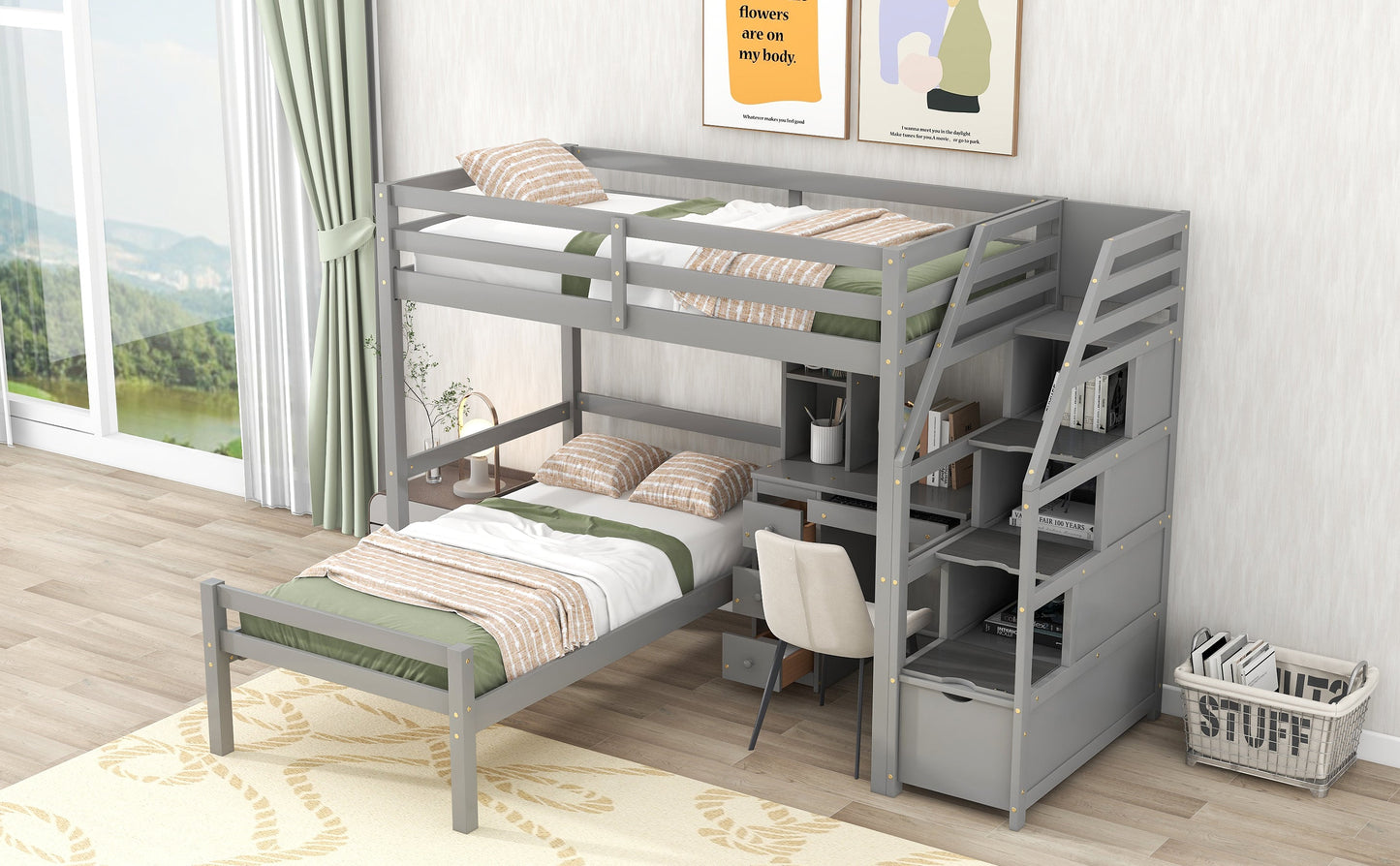 Cama loft tamaño twin con escalera de almacenamiento y escritorio - Gris