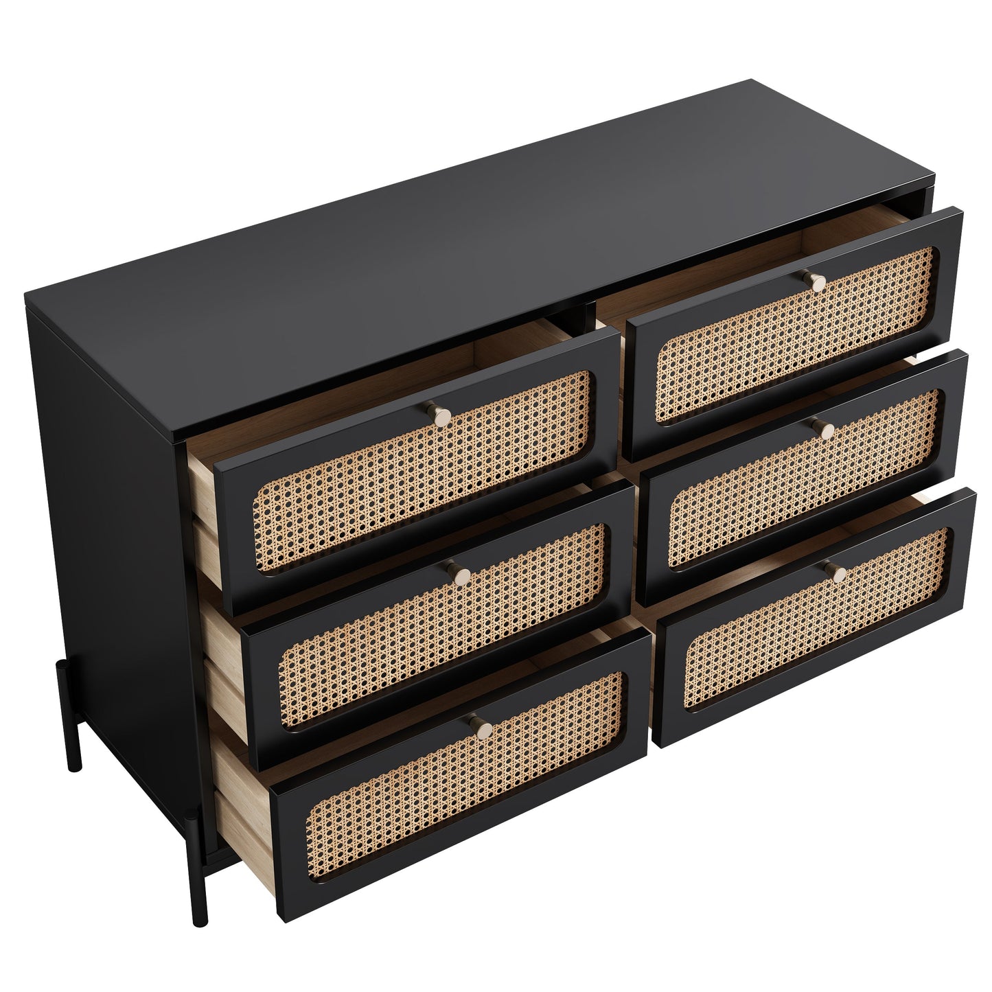 Commode moderne en bois de vignes de chanvre à 6 tiroirs en noir