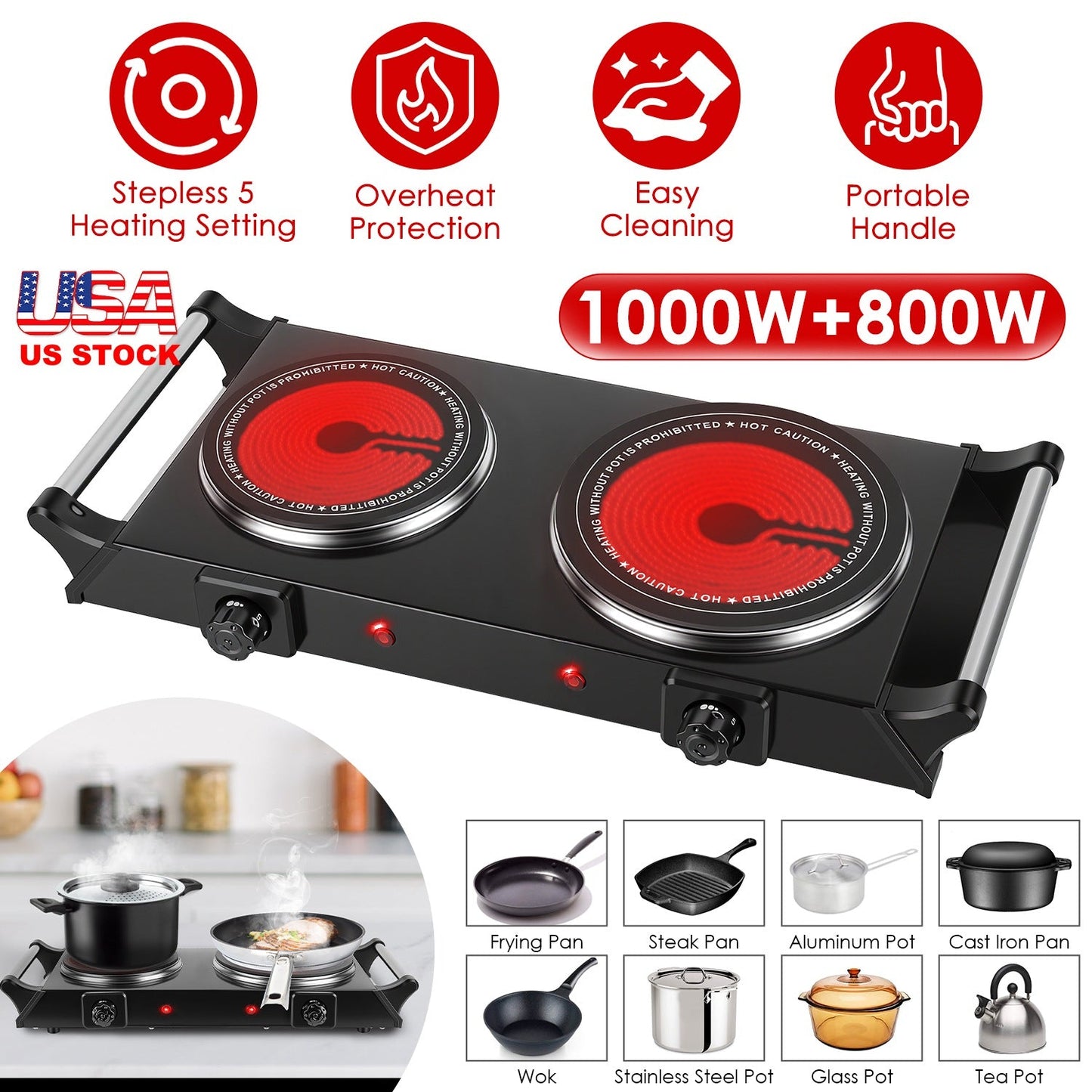 Placa Calentadora Portátil Doble de 1800W
