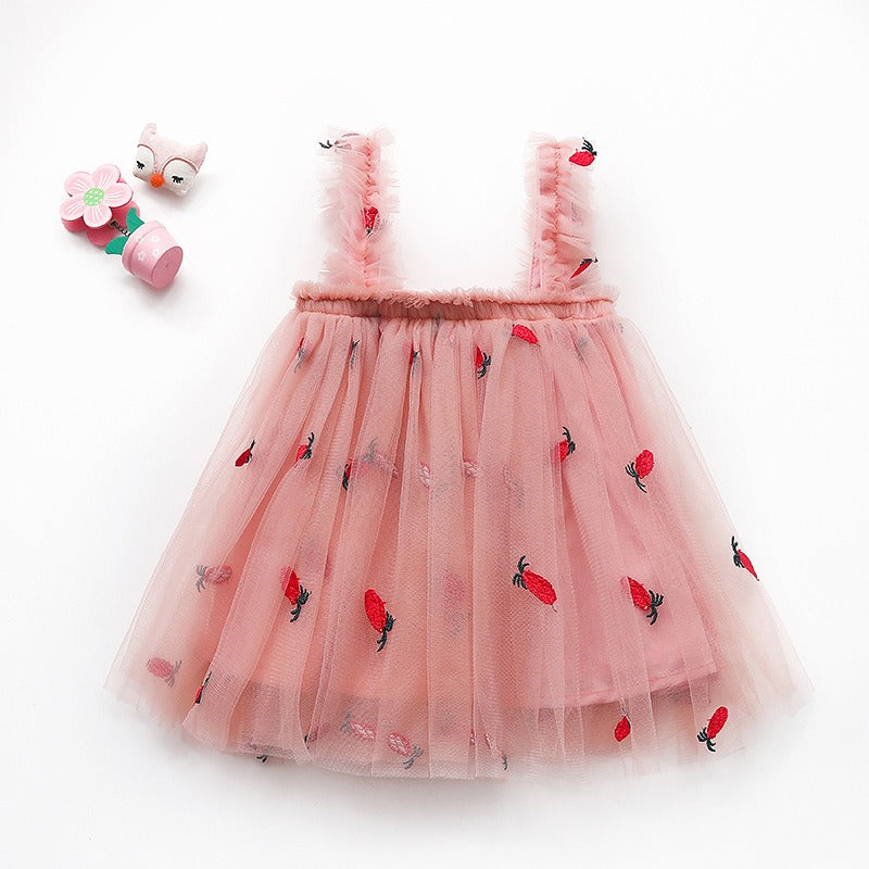 Robe à bretelles en mesh brodé pour filles