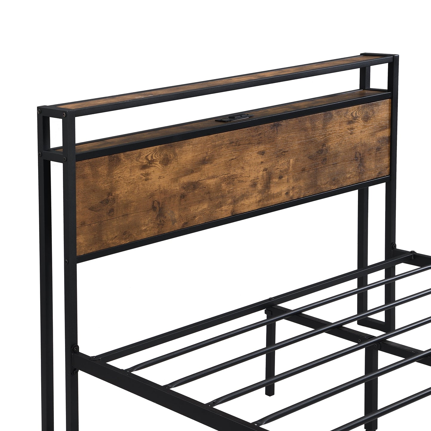 Queen Size Metal Platform Bed Frame with Wooden Headboard and Footboard with USB LINER - Korvel