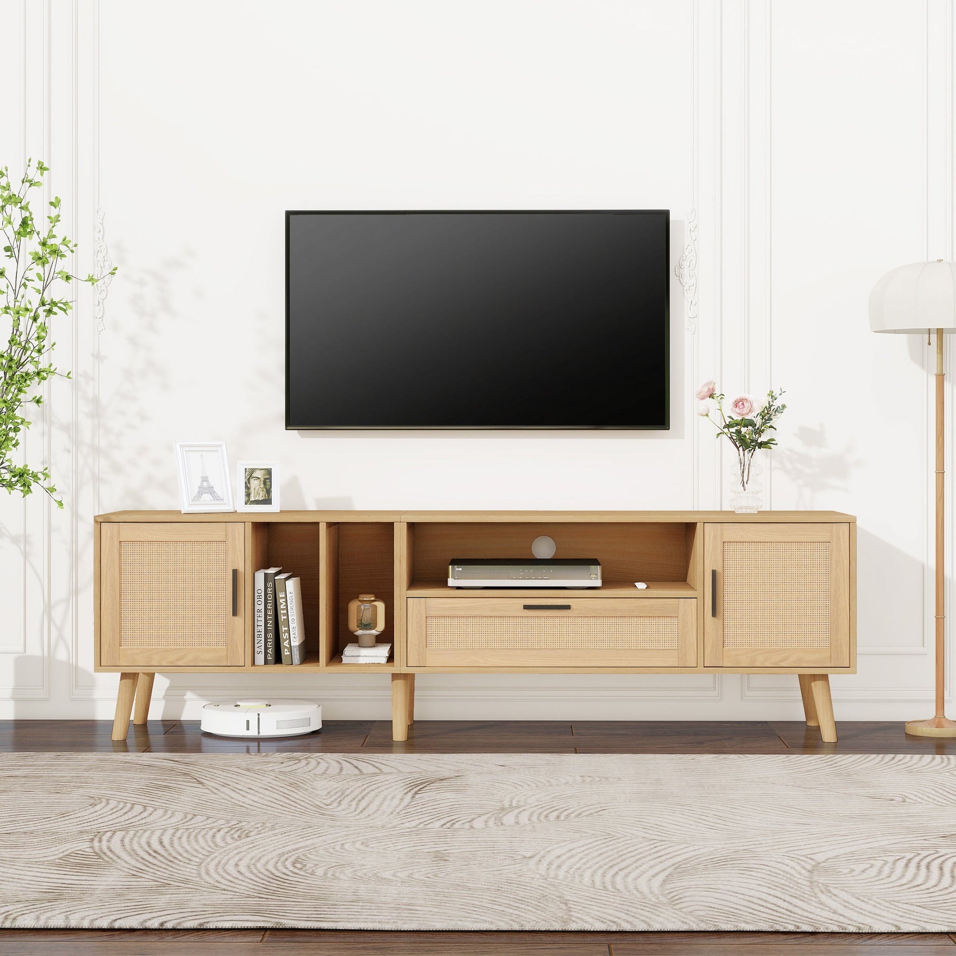 Vine TV stand with 2 cabinets and 2 open shelves, suitable for TVs under 80 inches, with solid wood legs for TV cabinets - Korvel