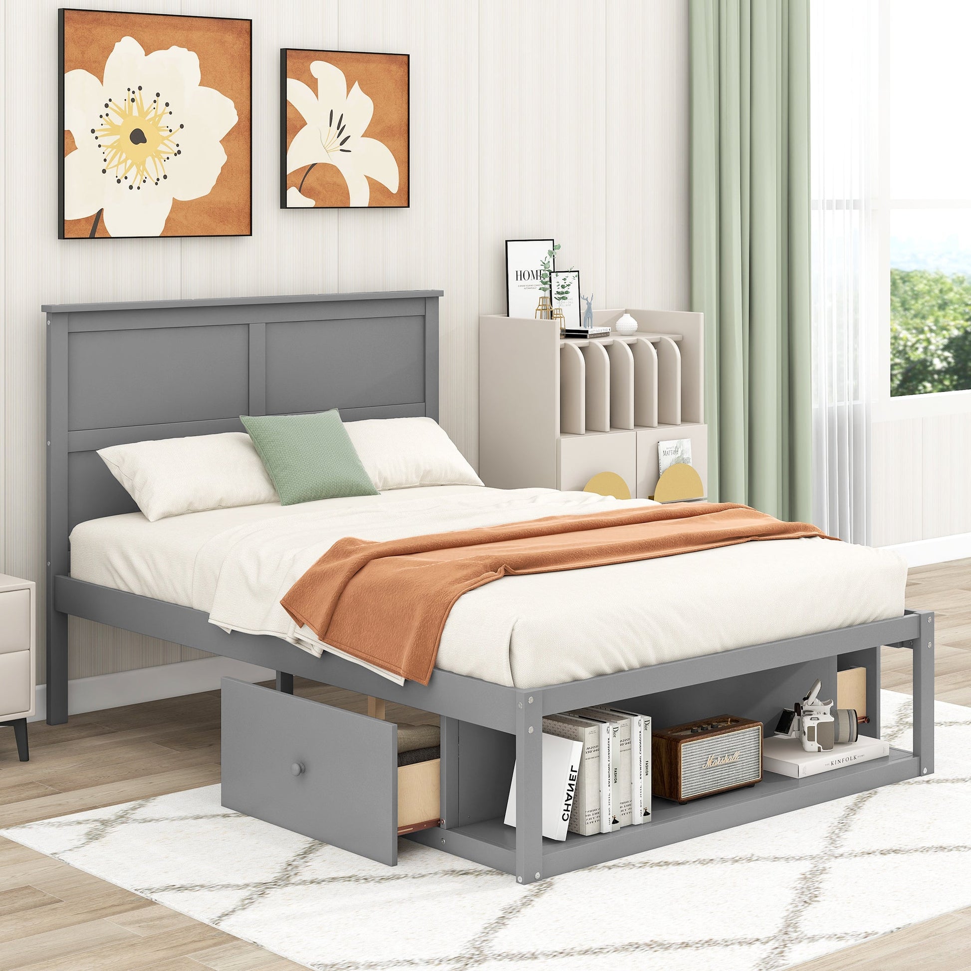 Full Size Platform Bed with Drawer on the Each Side and Shelf on the End of the Bed Gray - Korvel