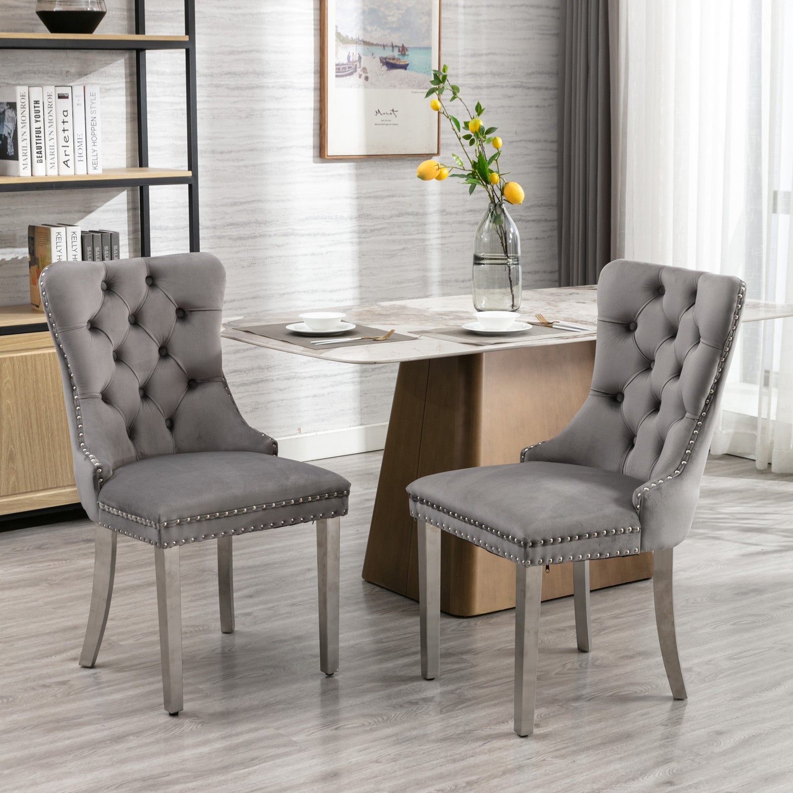 High end tufted solid wood velvet soft cushion dining chair chrome plated leg nail decoration gray and chrome two-piece set - Korvel