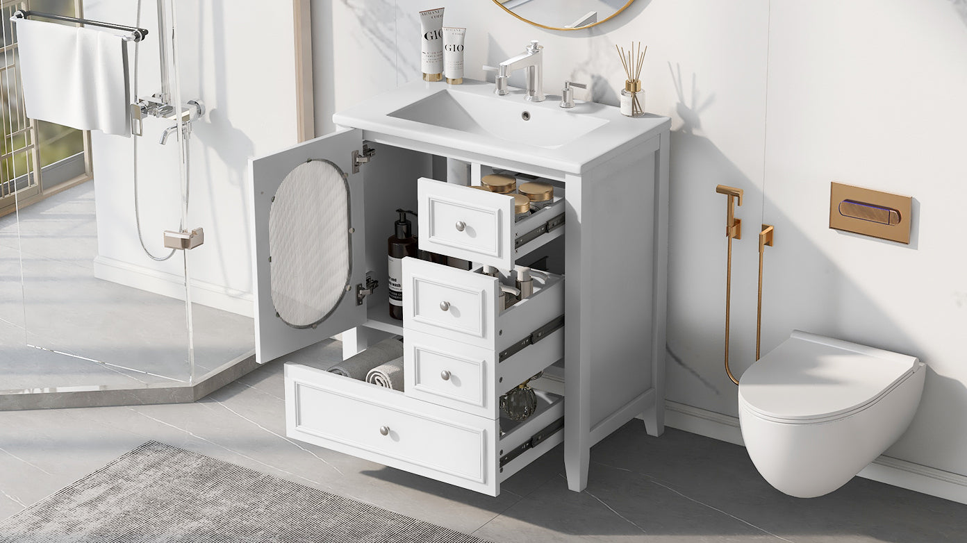 30" Bathroom Vanity with Sink, Bathroom Vanity Cabinet with Three Drawers and Door, Solid Wood and MDF, White - Korvel