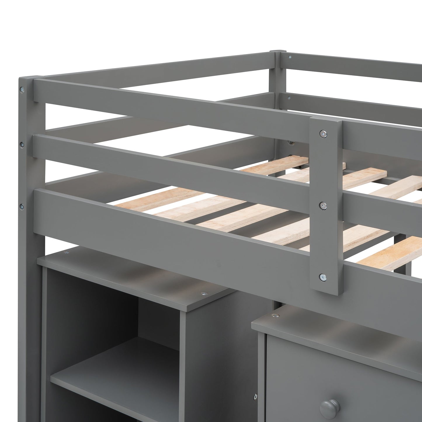 Low Study Twin Loft Bed with Cabinet and Rolling Portable Desk - Gray (OLD SKU :LP000113AAE) - Korvel