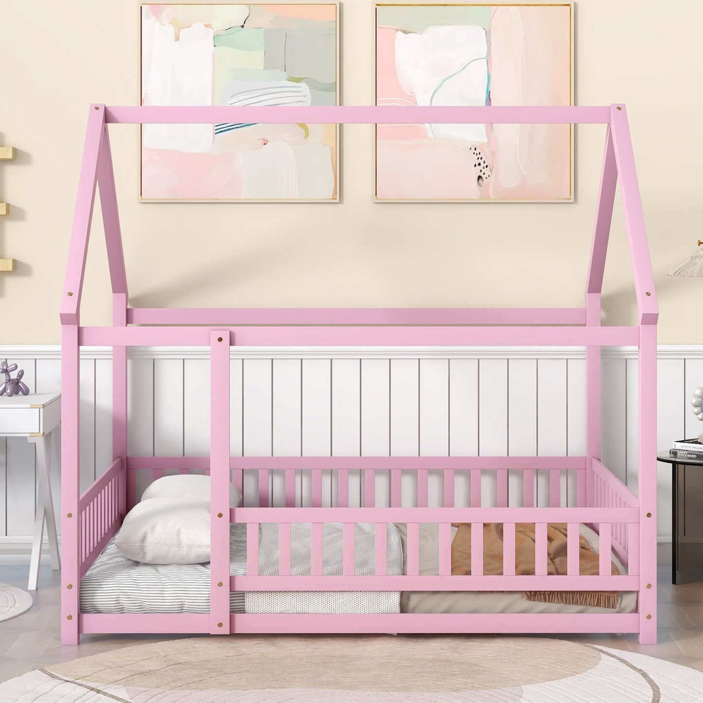 Full Size Floor Wooden Bed with House Roof Frame, Fence Guardrails ,Pink - Korvel