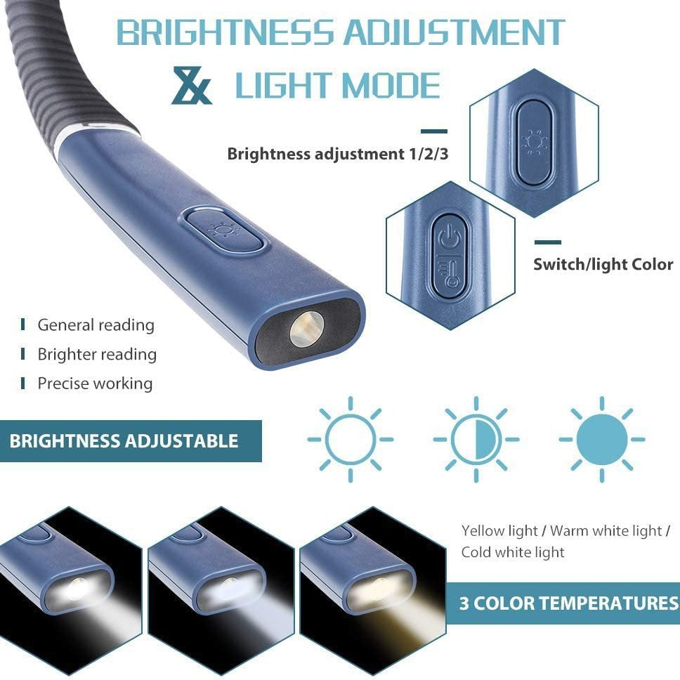 Night reading LED lighting book light USB charging tri color folding double head neck hanging reading light - Korvel