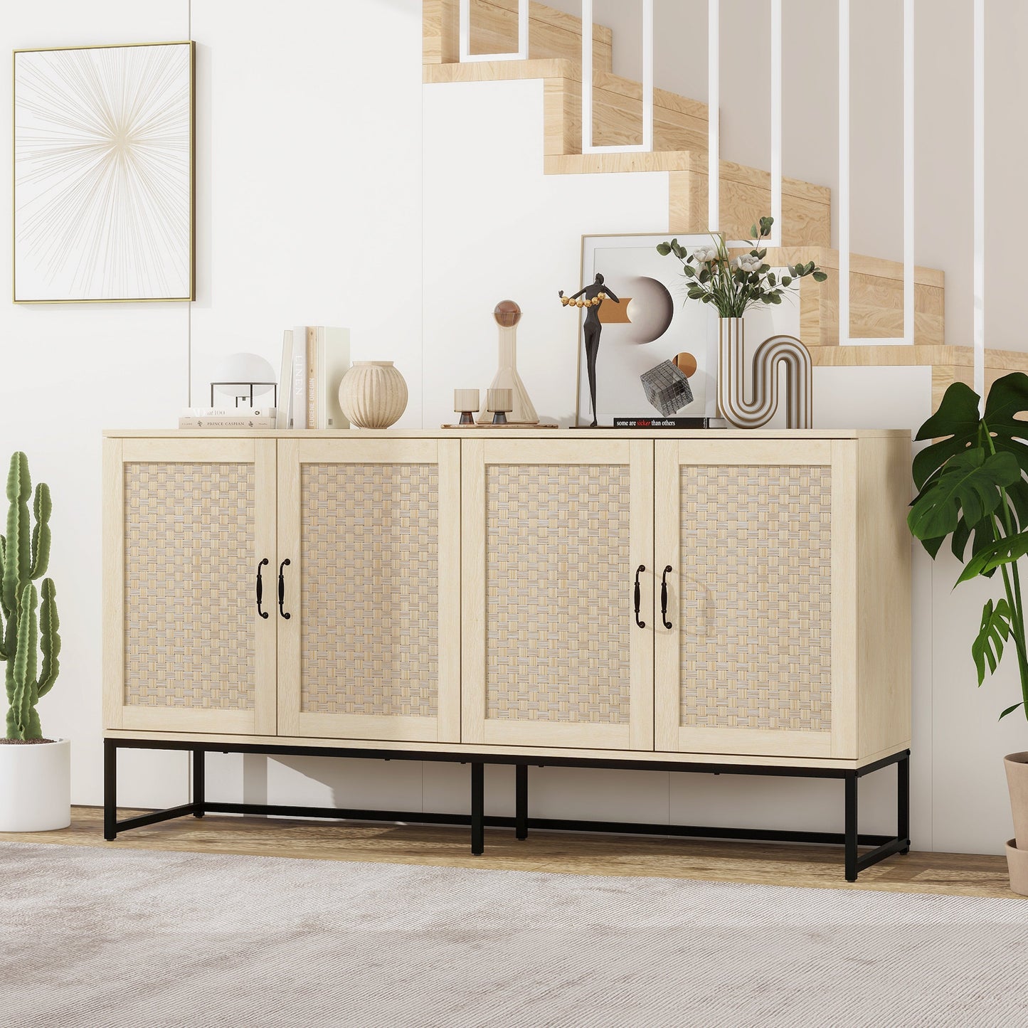 Buffet 4 Portes en Rotin - Cabinet de Rangement Élégant