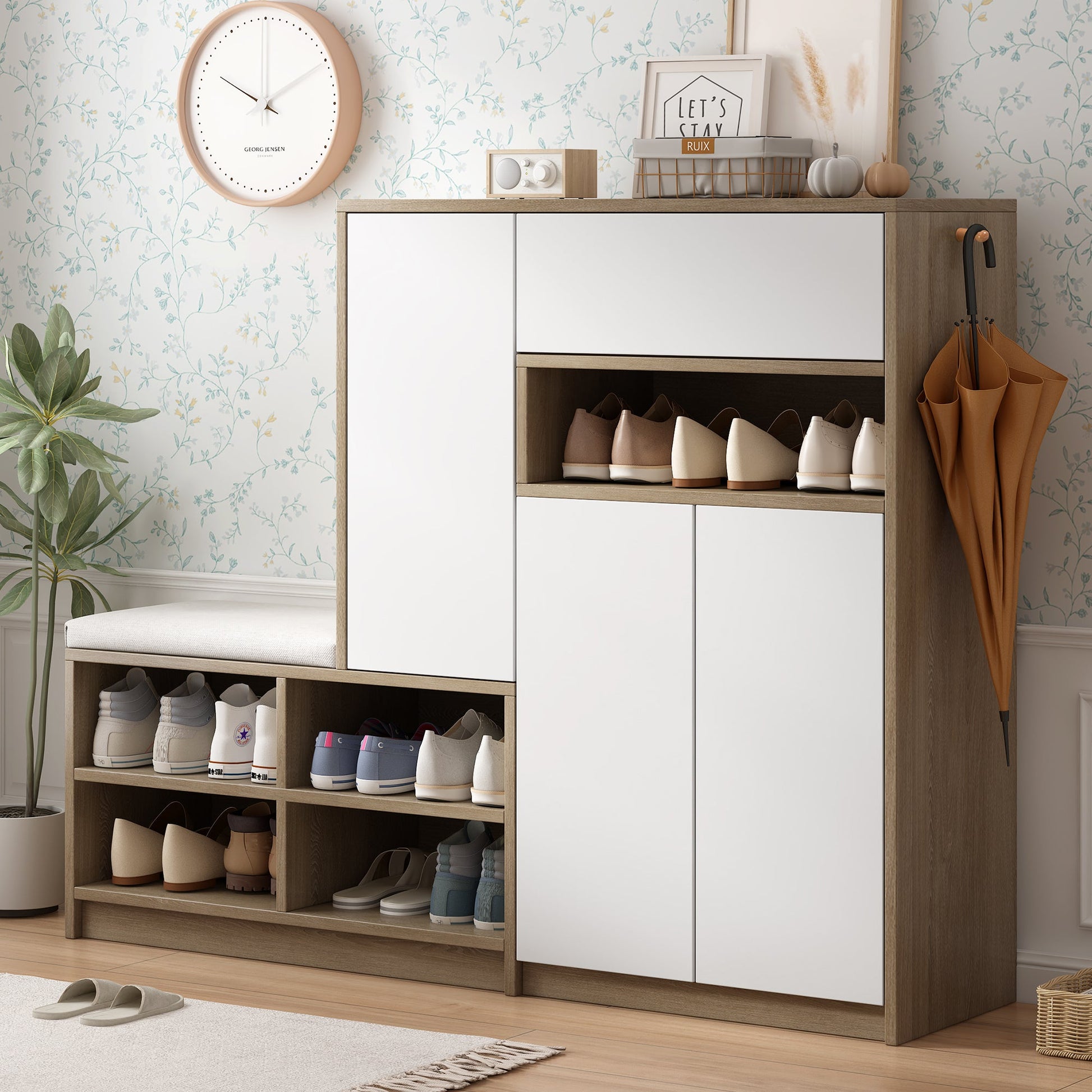 ON-TRANS 2-in-1 shoe storage platform and shoe cabinet, with soft cushioned seats and adjustable shelves, white - Korvel