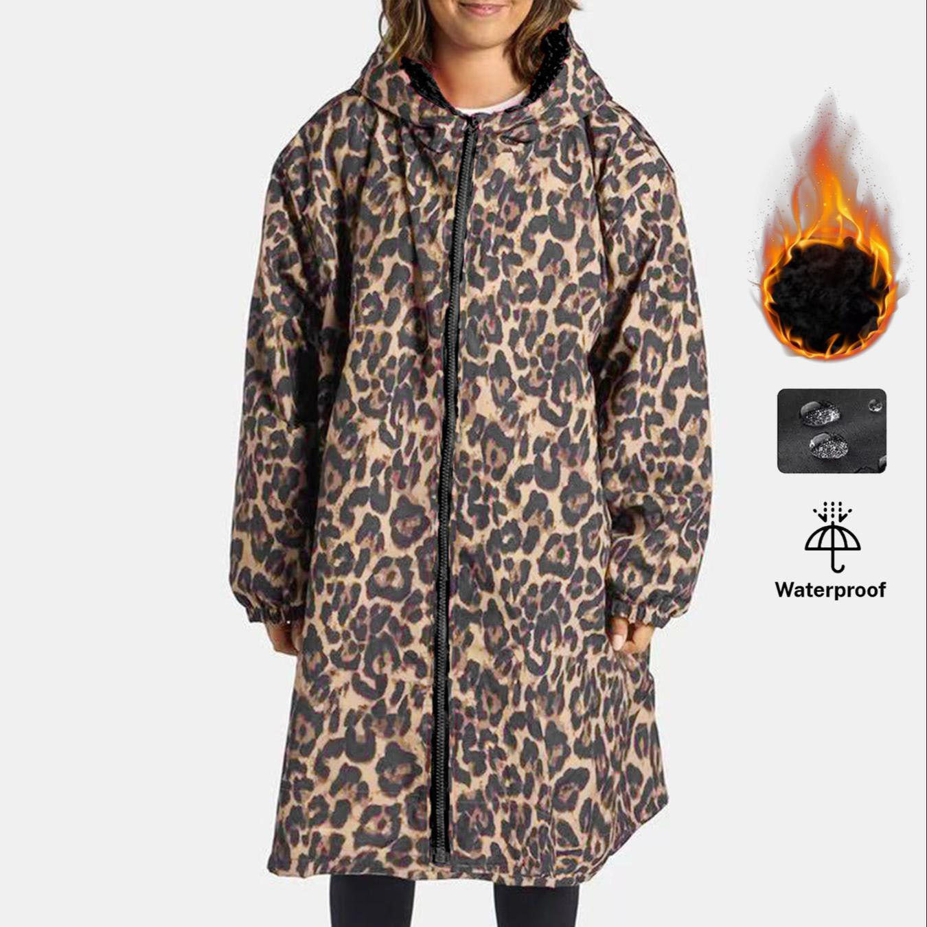 Fleece-Lined Hooded Leopard Print Trench Coat