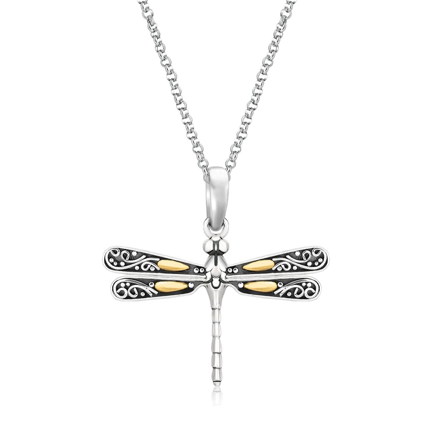 18k Yellow Gold and Sterling Silver Dragonfly Pendant