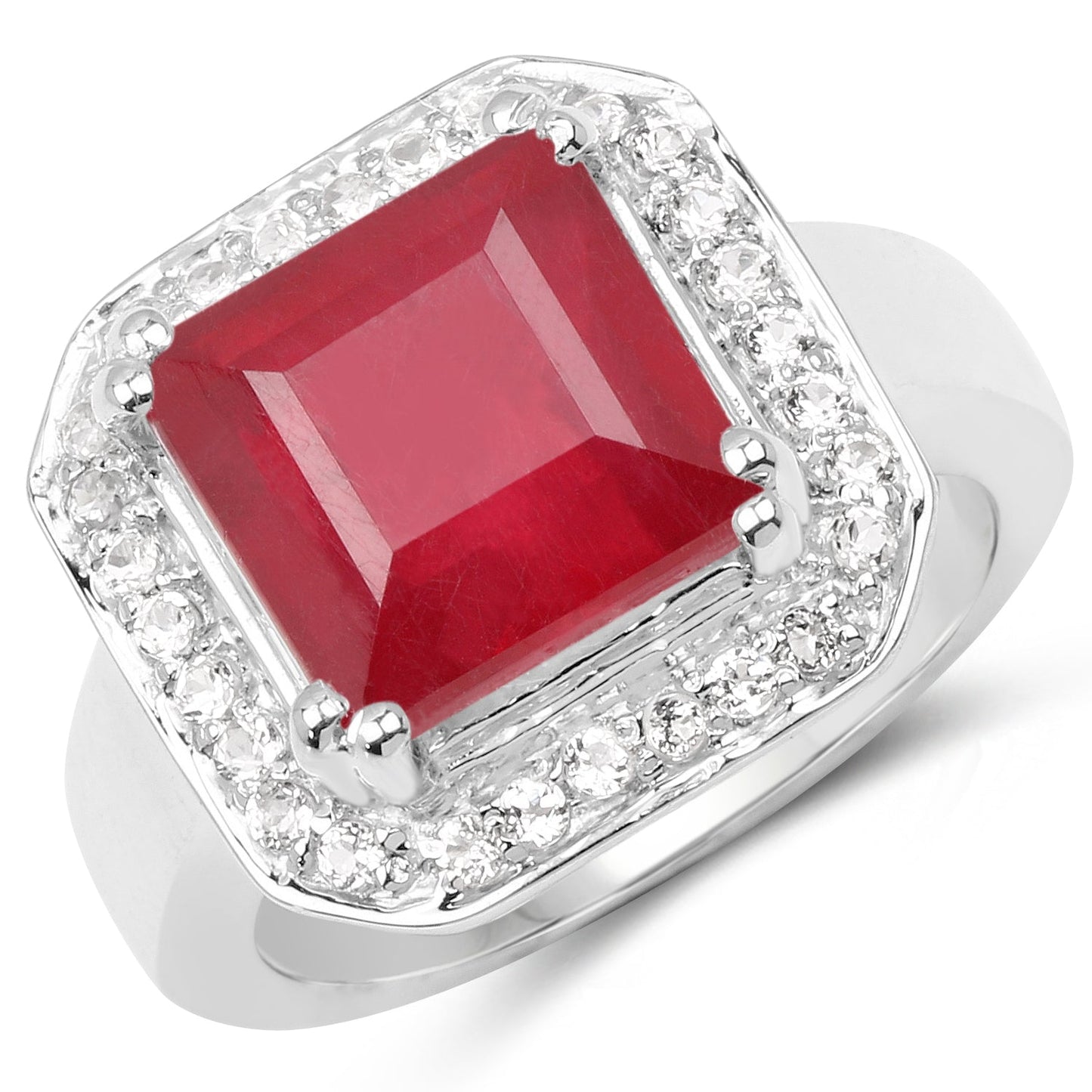 Bague en argent sterling avec rubis rempli de verre de 6,36 carats et topaze blanche