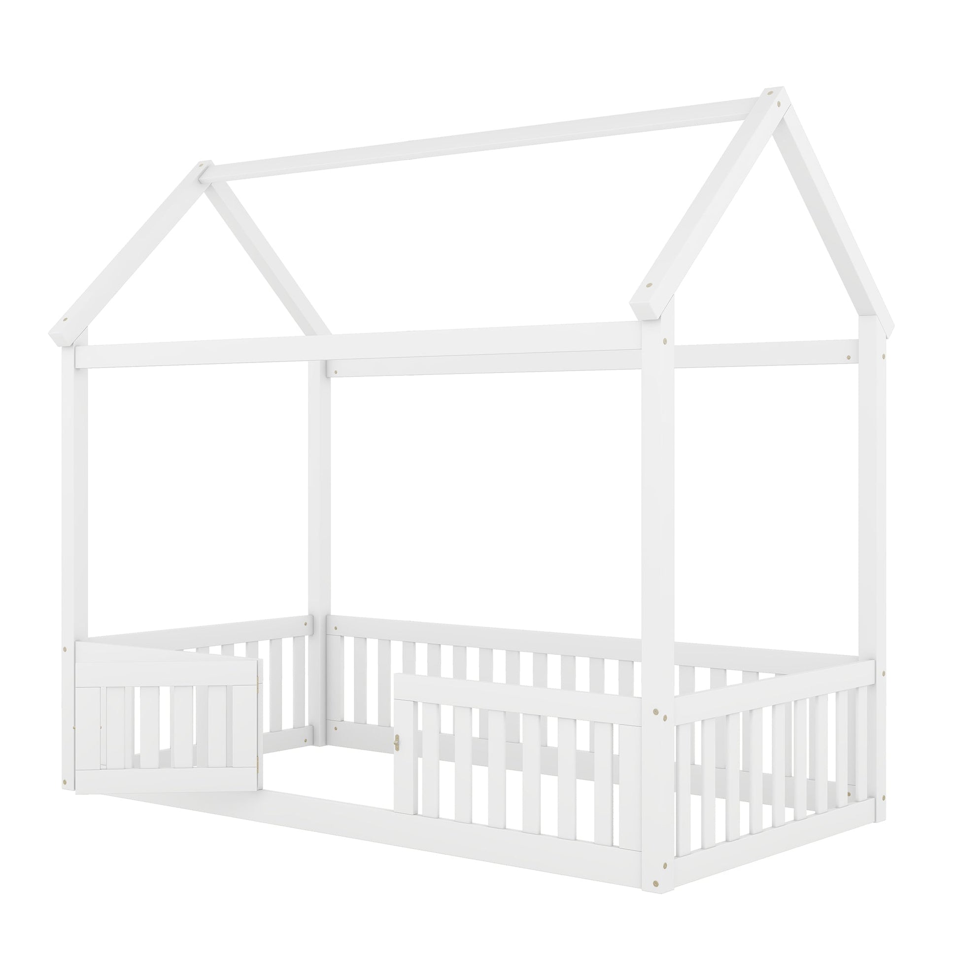 Twin Size Wood House Bed with Fence and Door, White - Korvel