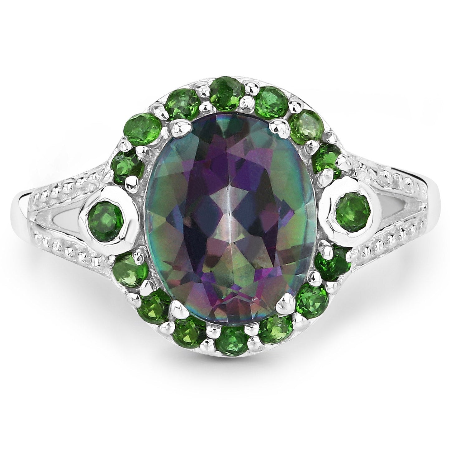 3.92 Carat Genuine Rainbow Quartz & Chrome Diopside Sterling Silver Ring