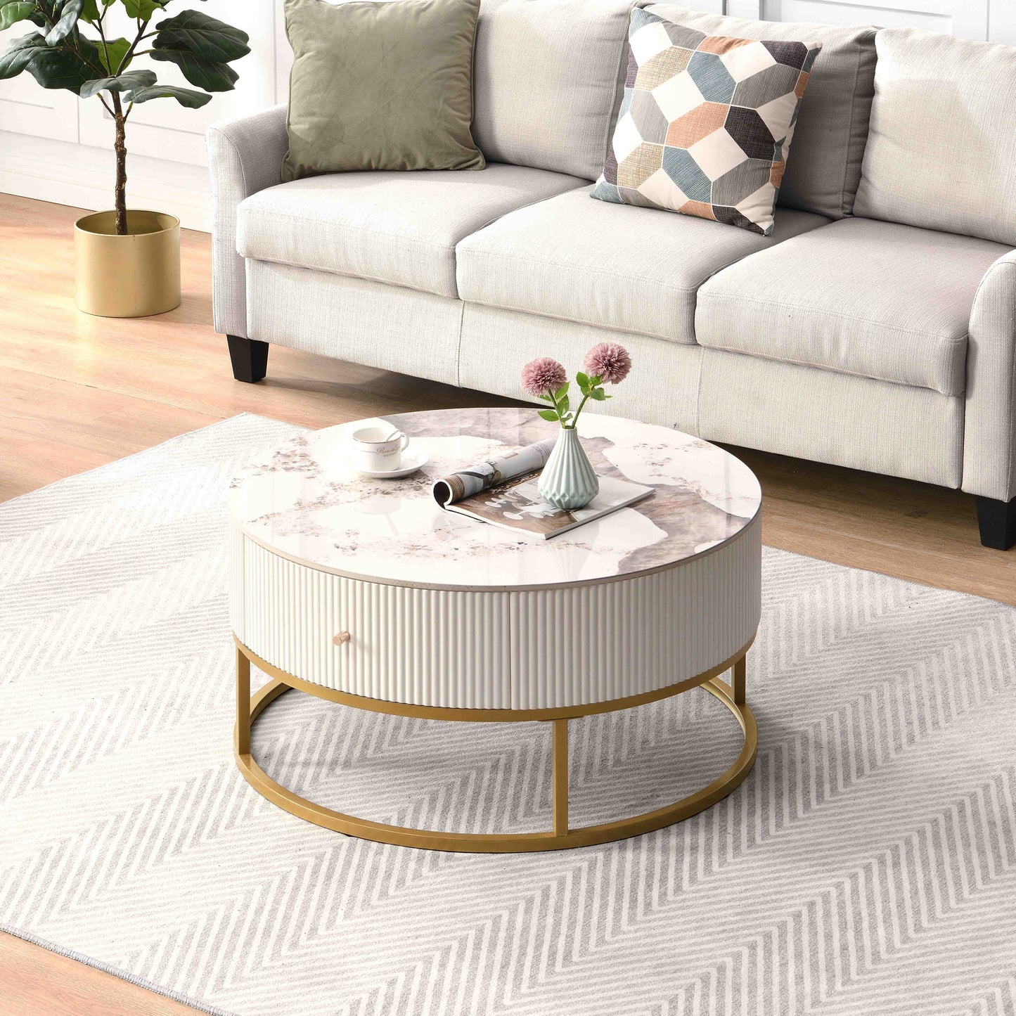 31.5 Inch Modern Round Coffee Table with Drawers, Marble Table with Storage, Coffee Table for Living Room - Korvel