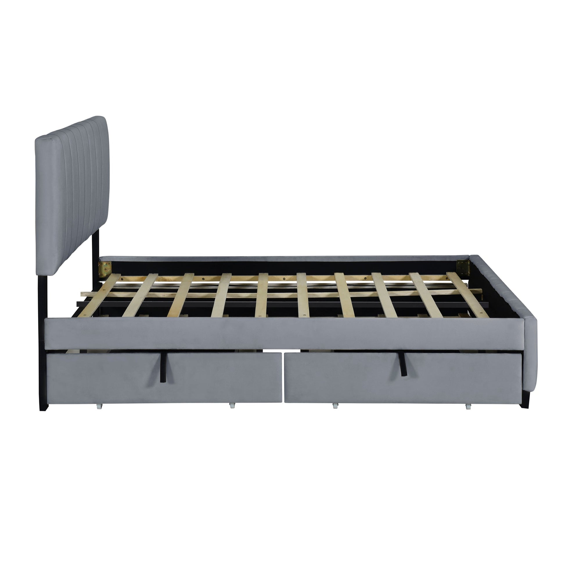 Queen Size Velvet Upholstered Platform Bed with 2 Drawers and 1 Twin XL Trundle- Gray - Korvel