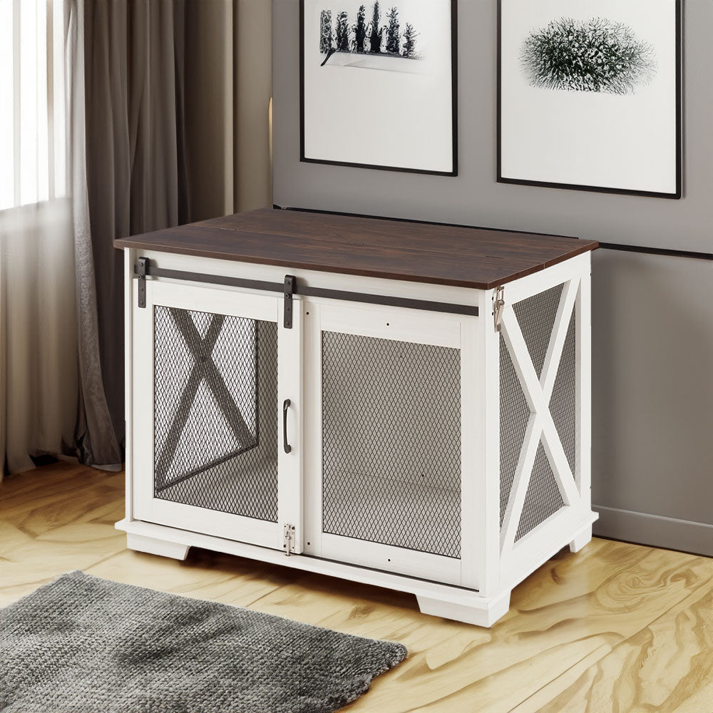 Farm kennel Flat noodles furniture with sliding barn door, farm wooden kennel end table, dog house with removable partition - Korvel