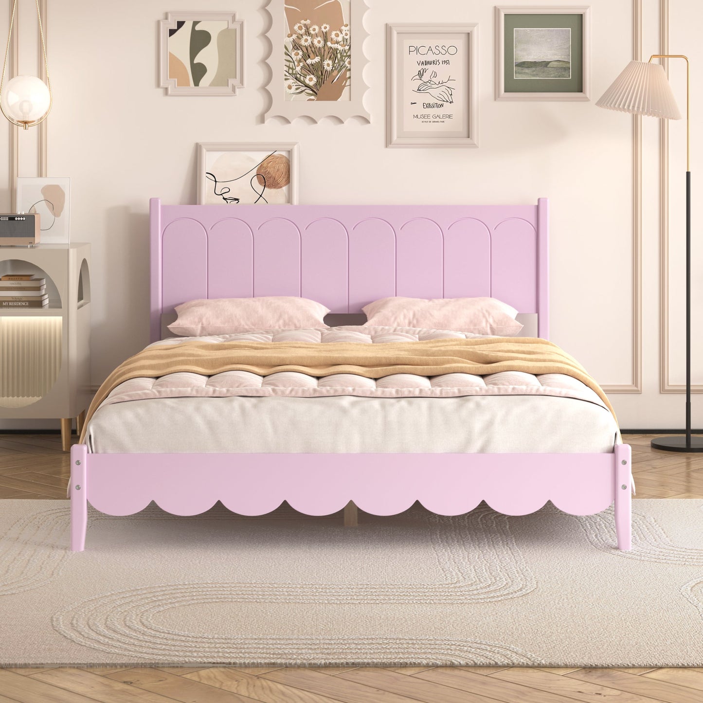 Queen Size Wood Platform Bed Frame, Retro Style Bed with Rectangular Headboard,No Need Box Spring,Pink - Korvel