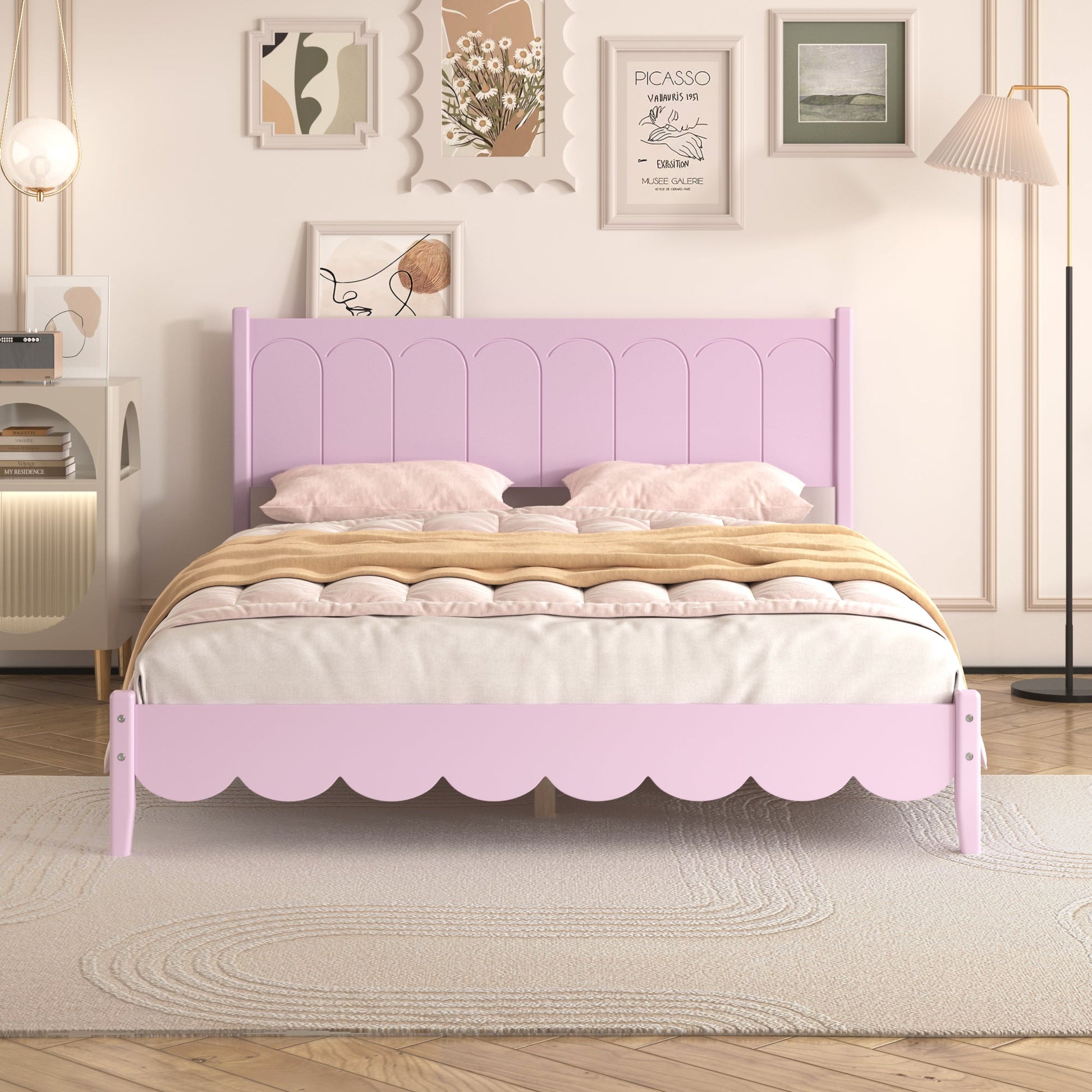 Queen Size Wood Platform Bed Frame, Retro Style Bed with Rectangular Headboard,No Need Box Spring,Pink - Korvel