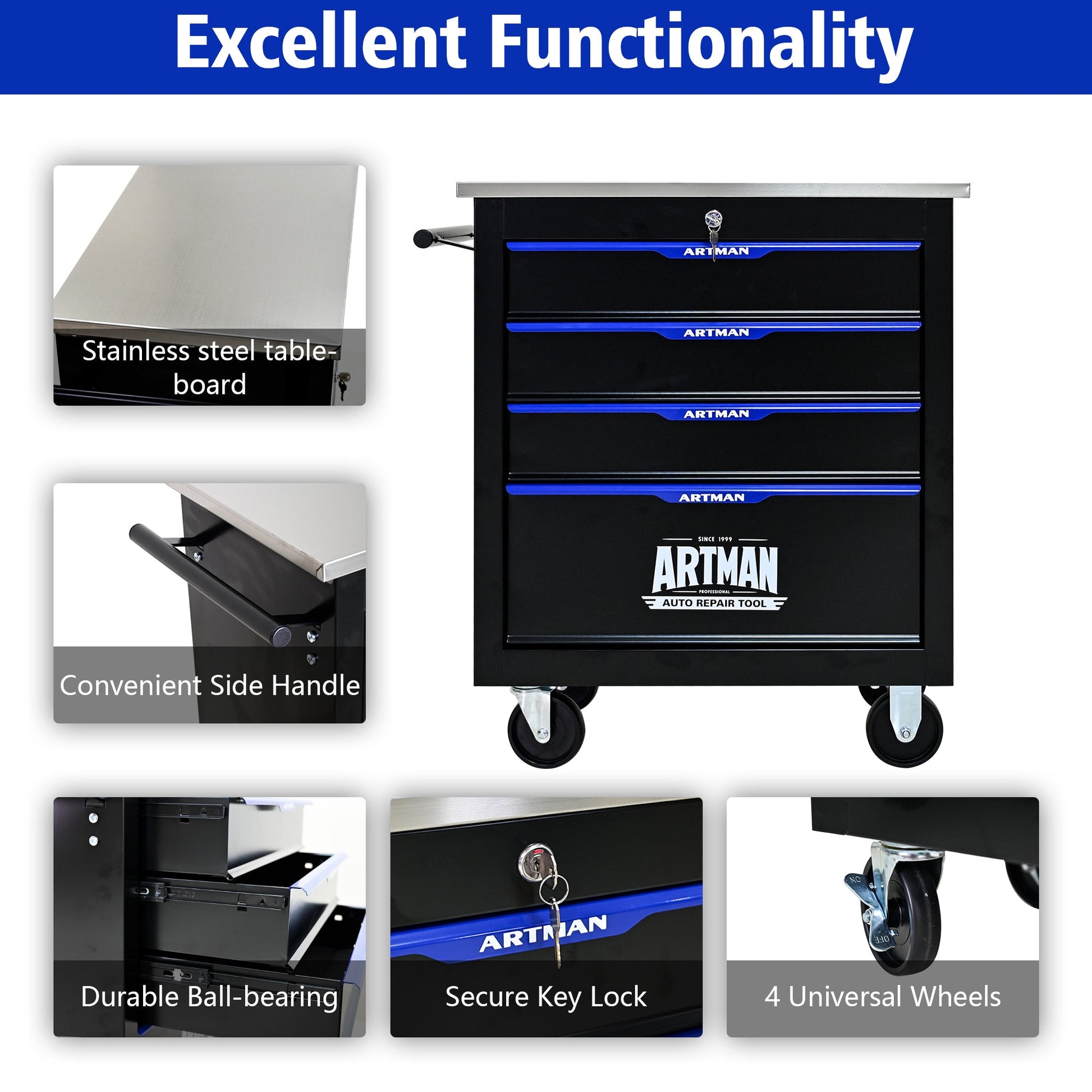 4 DRAWERS MULTIFUNCTIONAL TOOL CART WITH WHEELS-BLACK - Korvel