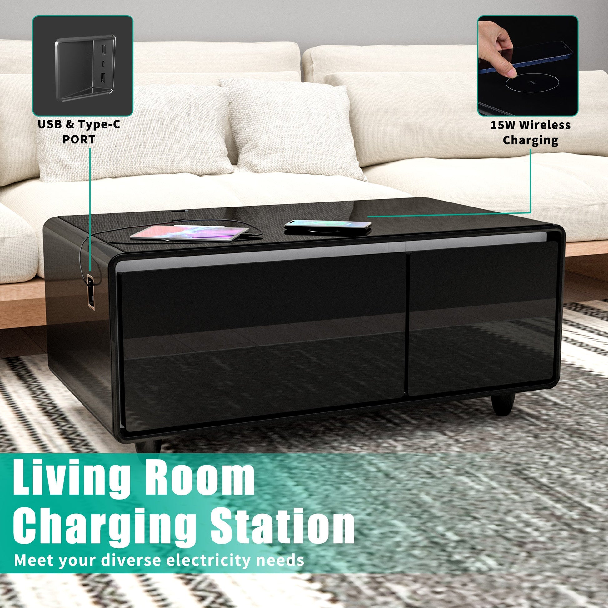 Modern Smart Coffee Table with Built-in Fridge, Bluetooth Speaker, Wireless Charging, Touch Control Panel, USB Interface Black - Korvel
