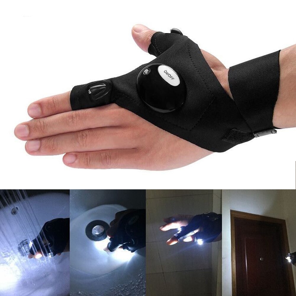 1 Pair Right and Left Multifunctional Gloves Outdoor Hiking Fingerless Gloves with LED Light Waterproof Flashlight Gloves - Korvel