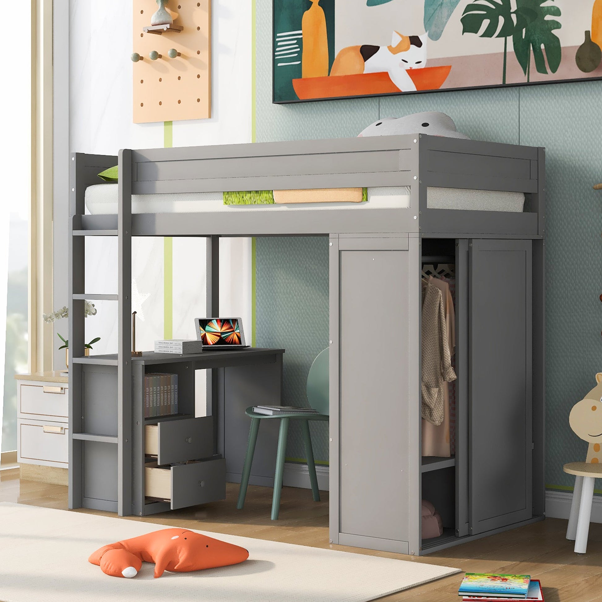 Wood Twin Size Loft Bed with Wardrobes and 2-Drawer Desk with Cabinet Gray - Korvel