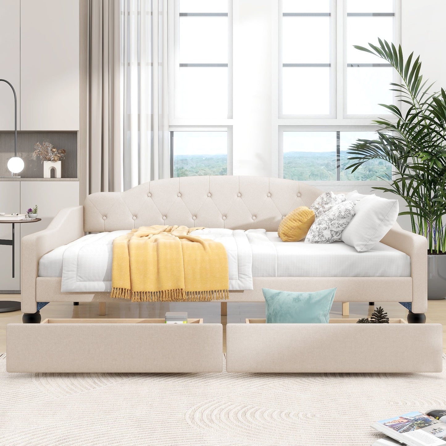 Full Size Upholstered Tufted Daybed with Two Drawers, Beige - Korvel