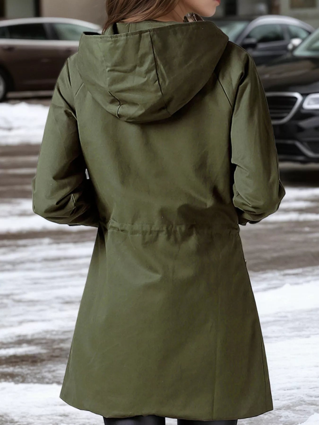 Manteau Trench à Capuche Grande Taille avec Cordon de Serrage